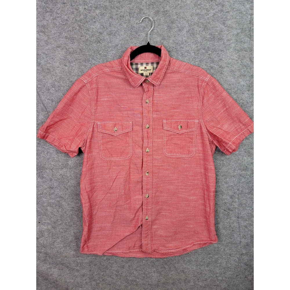Woolrich Shirt Mens Medium Red Chambray Short Sleeve Flap Pocket Button Up